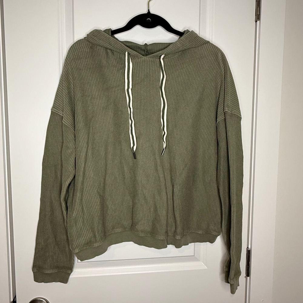 Aerie Womens Olive Green Ribbed Knit Pullover Hoodie Sweatshirt Medium